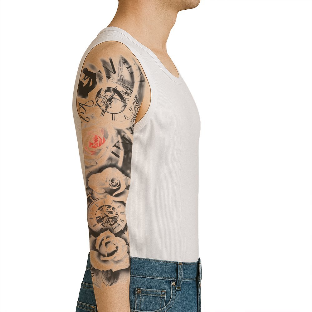 Tijdelijke tattoo in sleeveformaat over een hele bovenarm